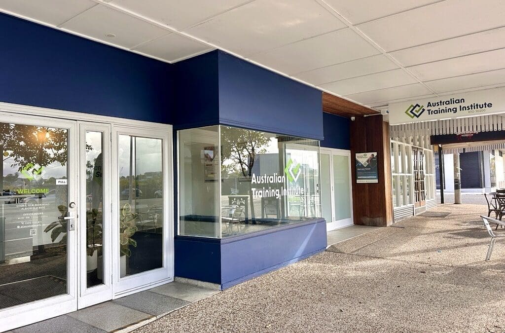 Exterior of Australian Training Institute's Albion campus at 10 Albion Road, Brisbane QLD, showing the entrance, ATI signage and RTO 30200 branding