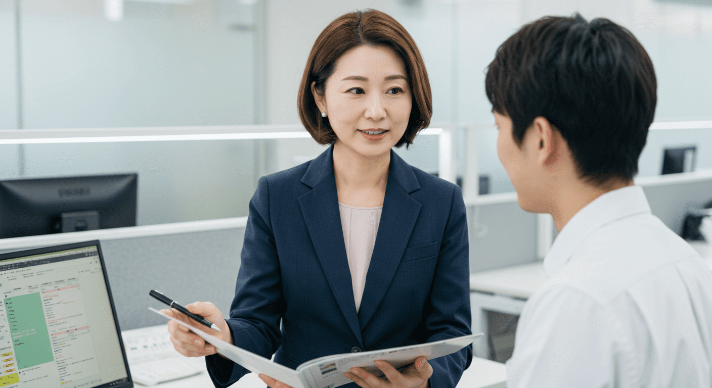 An employee asking a trainee about the course